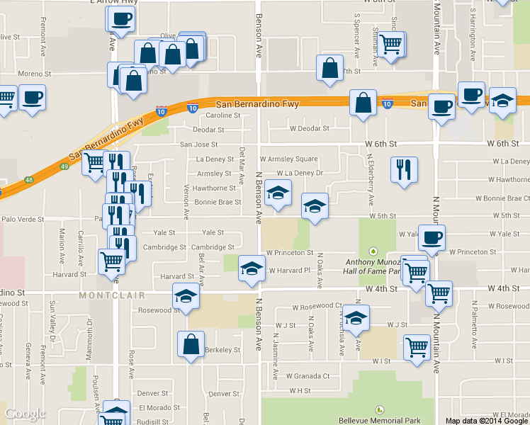 map of restaurants, bars, coffee shops, grocery stores, and more near 1302 N Benson Ave in Ontario