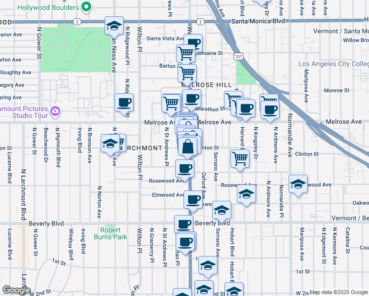 map of restaurants, bars, coffee shops, grocery stores, and more near 559 North Western Avenue in Los Angeles