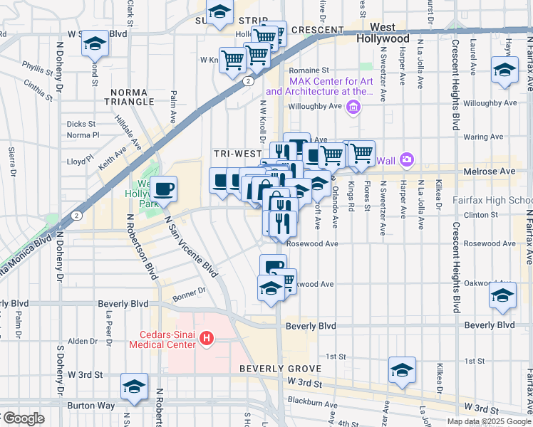 map of restaurants, bars, coffee shops, grocery stores, and more near 8500 Melrose Avenue in West Hollywood