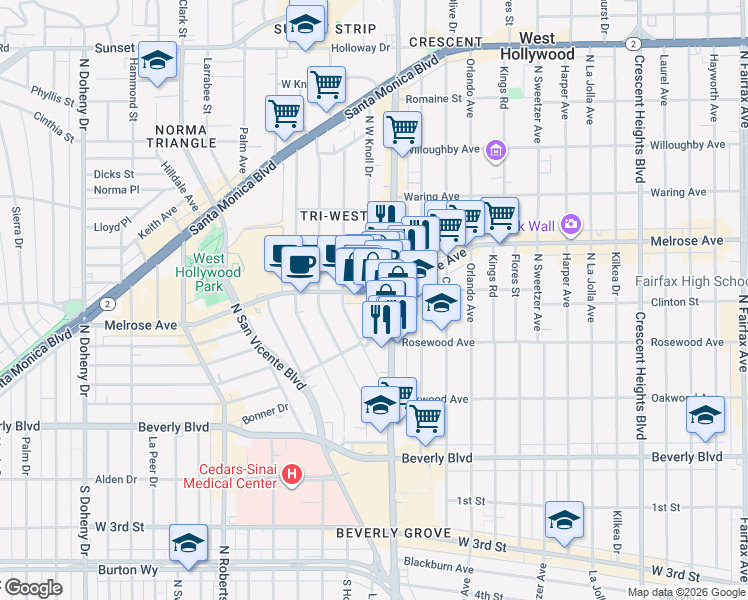 map of restaurants, bars, coffee shops, grocery stores, and more near 8500 Melrose Avenue in West Hollywood