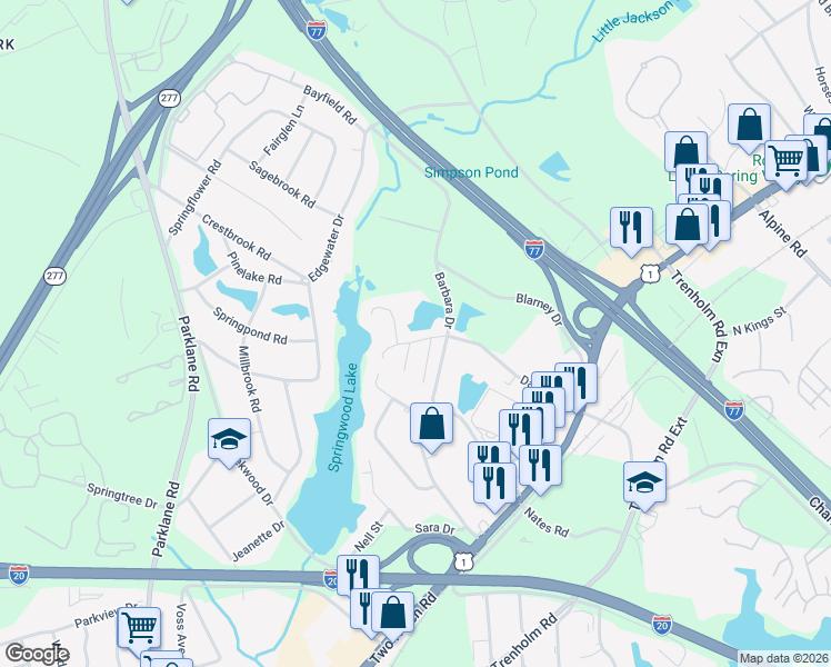 map of restaurants, bars, coffee shops, grocery stores, and more near 1720 Springwoods Lake Drive in Columbia
