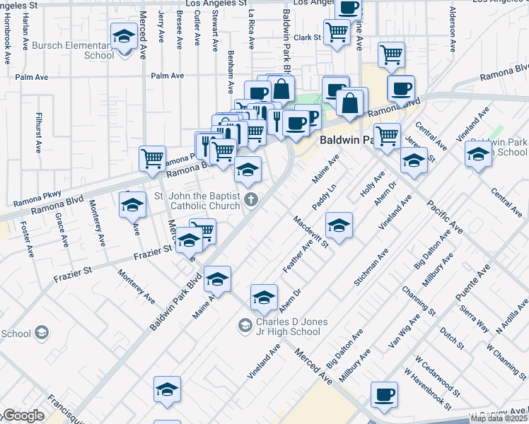 map of restaurants, bars, coffee shops, grocery stores, and more near 3852 Baldwin Park Boulevard in Baldwin Park