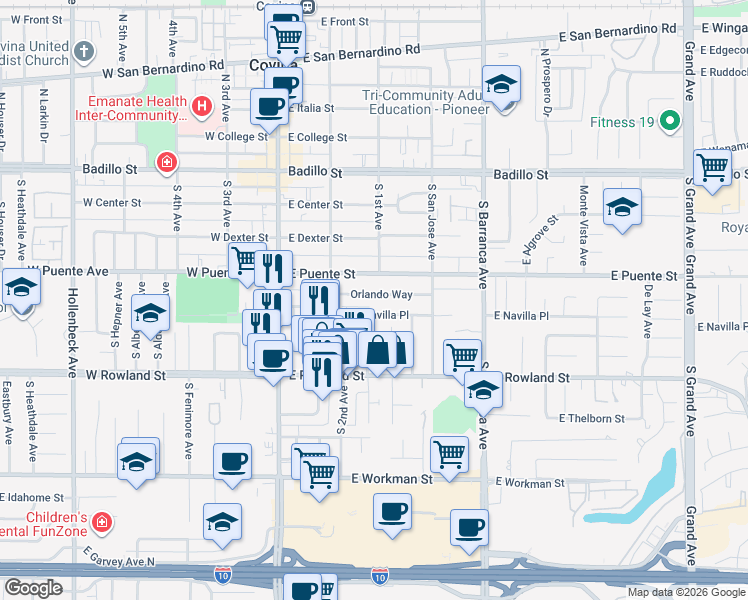 map of restaurants, bars, coffee shops, grocery stores, and more near 270 Orlando Way in Covina