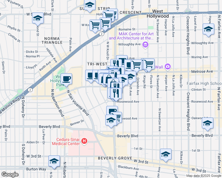 map of restaurants, bars, coffee shops, grocery stores, and more near in West Hollywood