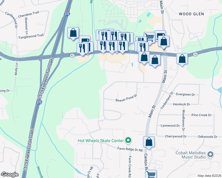 map of restaurants, bars, coffee shops, grocery stores, and more near 315 Stockwood Drive in Woodstock