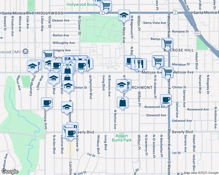 map of restaurants, bars, coffee shops, grocery stores, and more near N Bronson Ave & Clinton St in Los Angeles