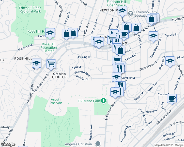map of restaurants, bars, coffee shops, grocery stores, and more near 4623 Bowman Boulevard in Los Angeles