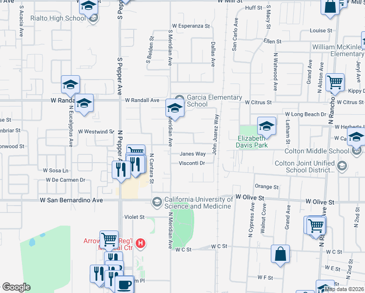 map of restaurants, bars, coffee shops, grocery stores, and more near 1350 William McGrath Street in Colton