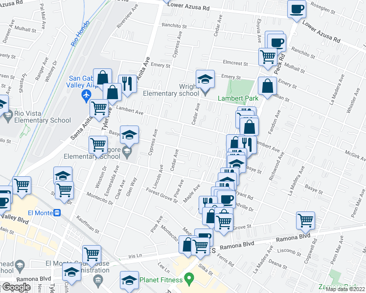 map of restaurants, bars, coffee shops, grocery stores, and more near 11313 Basye Street in El Monte