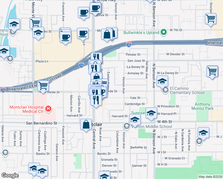 map of restaurants, bars, coffee shops, grocery stores, and more near 5414 Palo Verde Street in Montclair