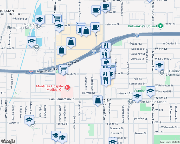 map of restaurants, bars, coffee shops, grocery stores, and more near 9490 Carrillo Avenue in Montclair