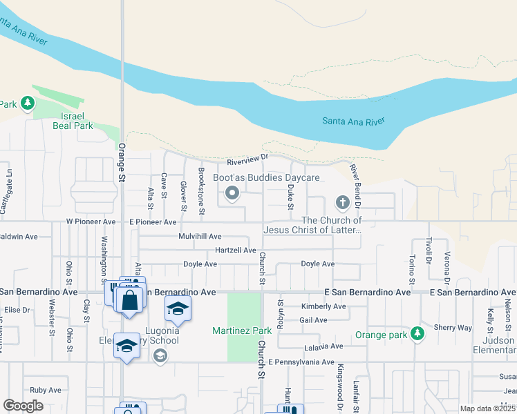 map of restaurants, bars, coffee shops, grocery stores, and more near 1823 Church Street in Redlands