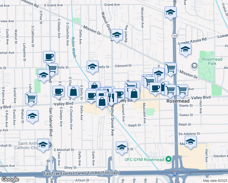 map of restaurants, bars, coffee shops, grocery stores, and more near 4038 Walnut Grove Avenue in Rosemead