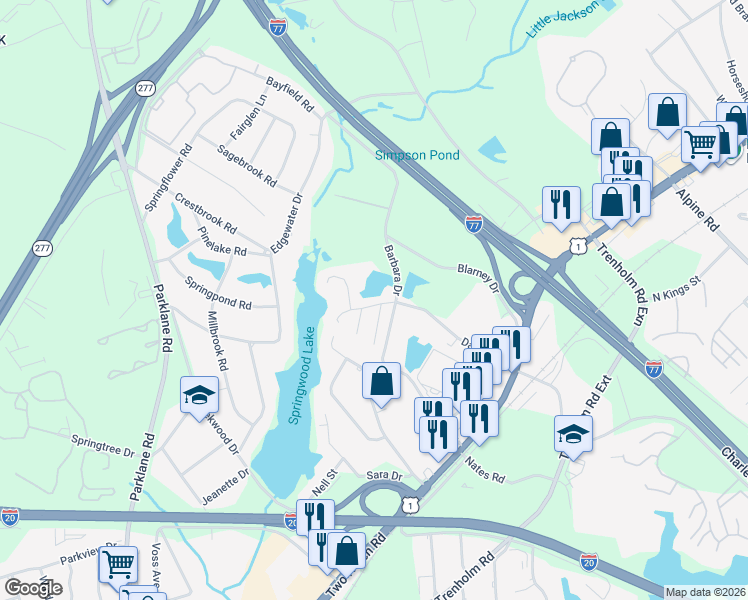 map of restaurants, bars, coffee shops, grocery stores, and more near 1716 Springwoods Lake Drive in Columbia