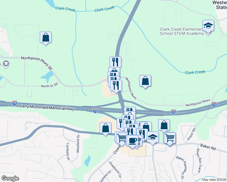 map of restaurants, bars, coffee shops, grocery stores, and more near 1129 Georgia 92 in Acworth