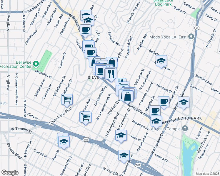 map of restaurants, bars, coffee shops, grocery stores, and more near 2798 Sunset Boulevard in Los Angeles
