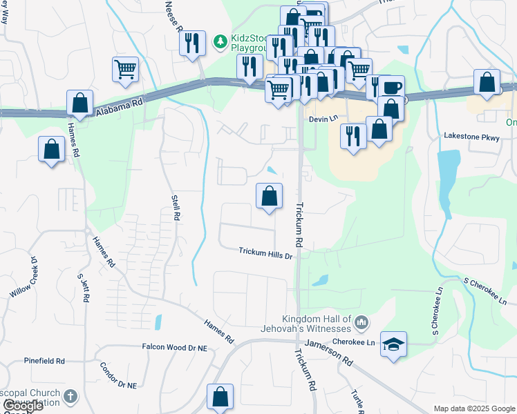 map of restaurants, bars, coffee shops, grocery stores, and more near 157 Trickum Hills Drive in Woodstock