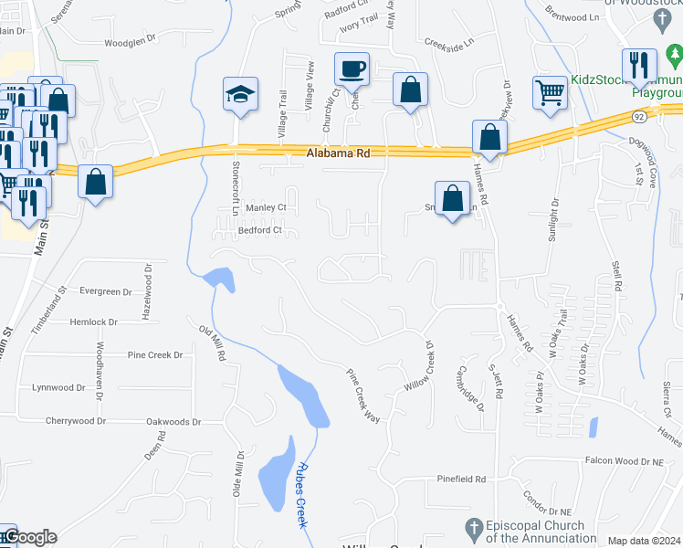 map of restaurants, bars, coffee shops, grocery stores, and more near 2018 Brittania Circle in Woodstock