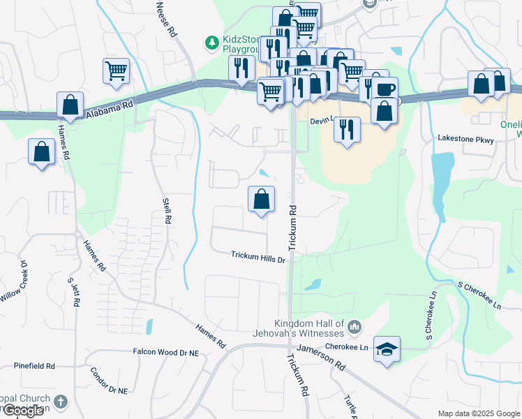 map of restaurants, bars, coffee shops, grocery stores, and more near 316 Trickum Hills Way in Woodstock