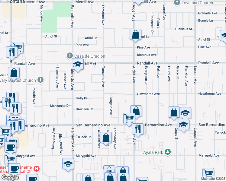 map of restaurants, bars, coffee shops, grocery stores, and more near 17560 Hawthorne Avenue in Fontana