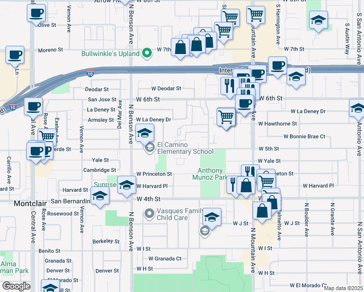 map of restaurants, bars, coffee shops, grocery stores, and more near 1352 West 5th Street in Ontario
