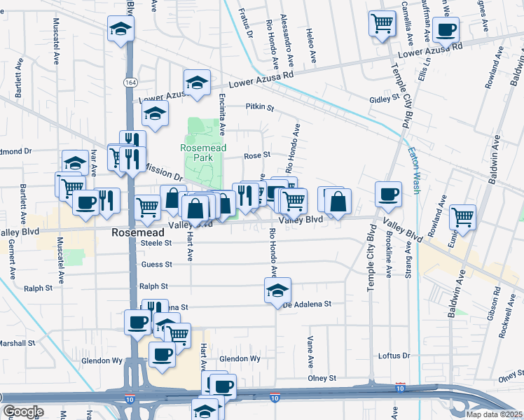 map of restaurants, bars, coffee shops, grocery stores, and more near 9353 Valley Boulevard in Rosemead
