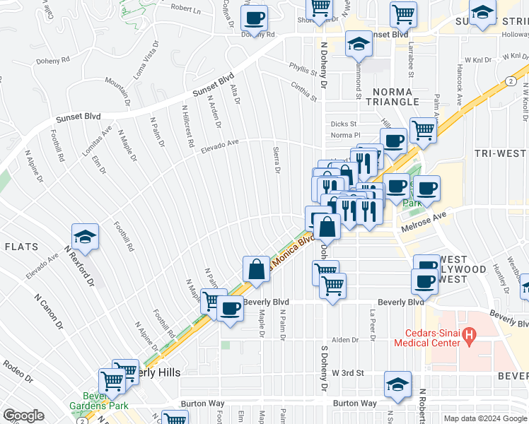 map of restaurants, bars, coffee shops, grocery stores, and more near 602 Alta Drive in Beverly Hills
