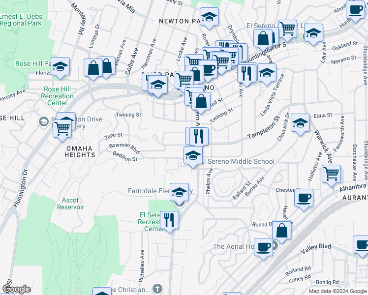 map of restaurants, bars, coffee shops, grocery stores, and more near 4806 Templeton Street in Los Angeles