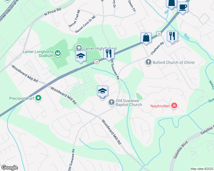 map of restaurants, bars, coffee shops, grocery stores, and more near 950 King Horn Court in Buford