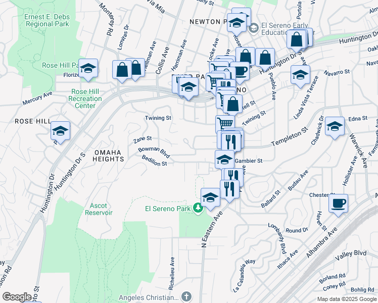 map of restaurants, bars, coffee shops, grocery stores, and more near 4725 Butterfly Lane in Los Angeles