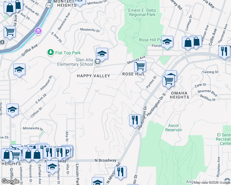 map of restaurants, bars, coffee shops, grocery stores, and more near 3117 Amethyst Street in Los Angeles