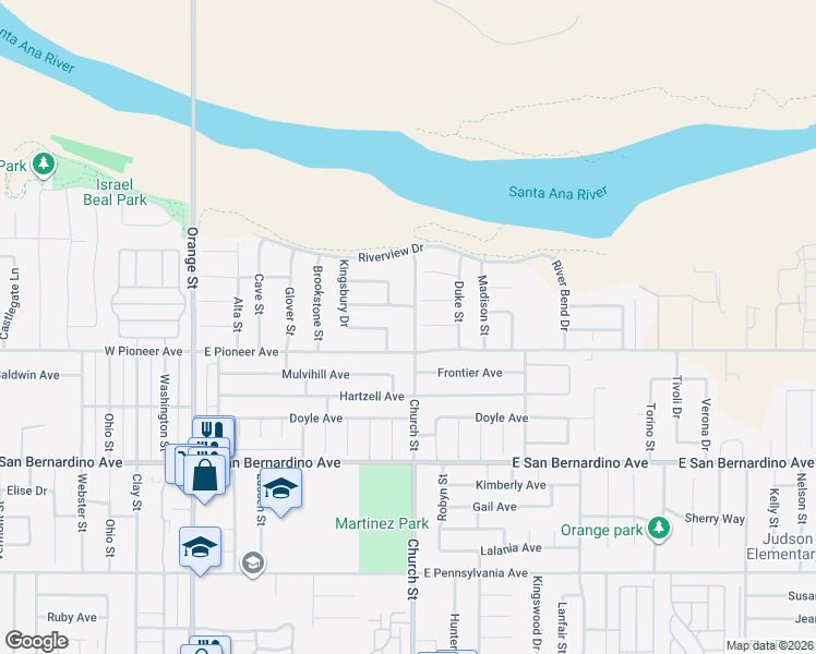 map of restaurants, bars, coffee shops, grocery stores, and more near 1823 Church Street in Redlands