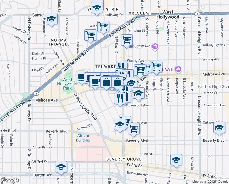 map of restaurants, bars, coffee shops, grocery stores, and more near 552 Westmount Drive in West Hollywood