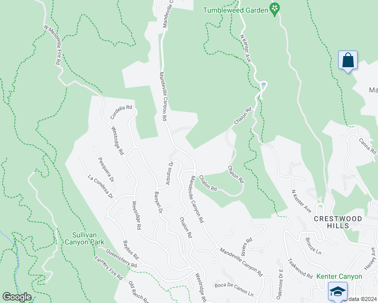 map of restaurants, bars, coffee shops, grocery stores, and more near 2420 Mandeville Canyon Road in Los Angeles