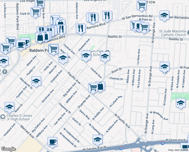 map of restaurants, bars, coffee shops, grocery stores, and more near 14900 Central Avenue in Baldwin Park