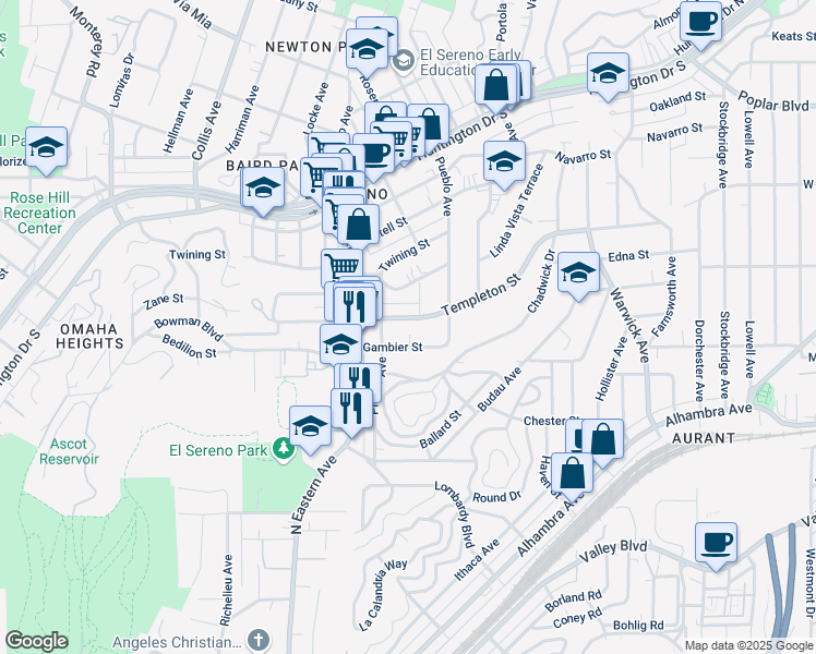 map of restaurants, bars, coffee shops, grocery stores, and more near 4926 Templeton Street in Los Angeles