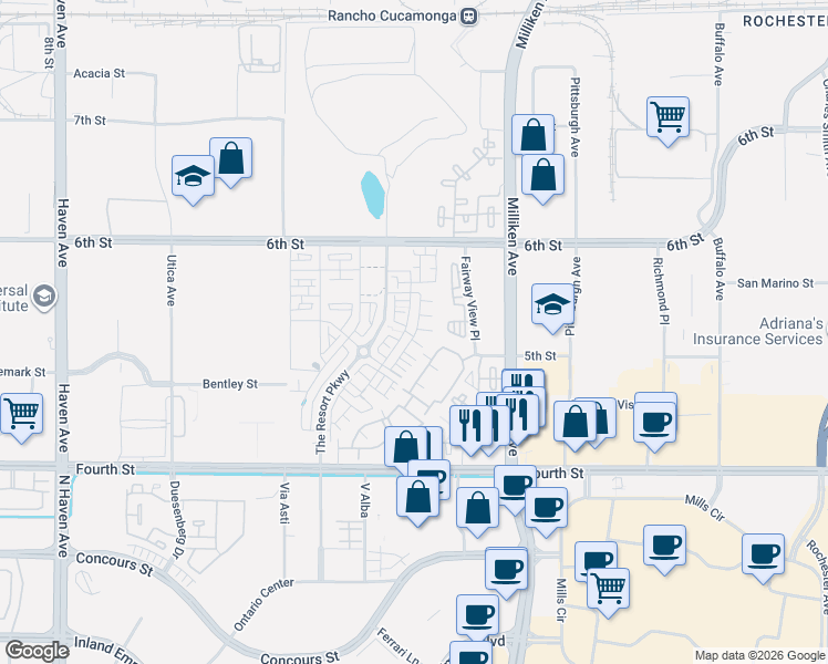 map of restaurants, bars, coffee shops, grocery stores, and more near 11004 Serenity Drive in Rancho Cucamonga