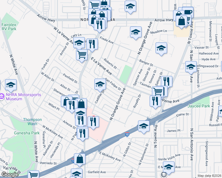 map of restaurants, bars, coffee shops, grocery stores, and more near 232 San Luis Street in Pomona