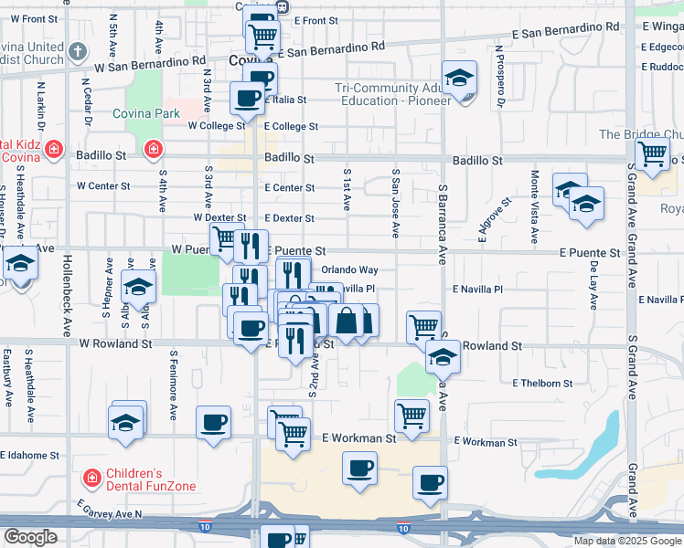 map of restaurants, bars, coffee shops, grocery stores, and more near 247 East Navilla Place in Covina