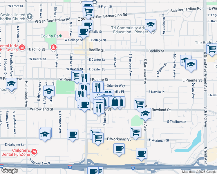map of restaurants, bars, coffee shops, grocery stores, and more near 247 East Navilla Place in Covina