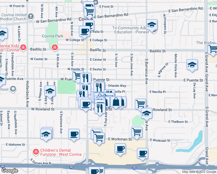 map of restaurants, bars, coffee shops, grocery stores, and more near 247 East Navilla Place in Covina