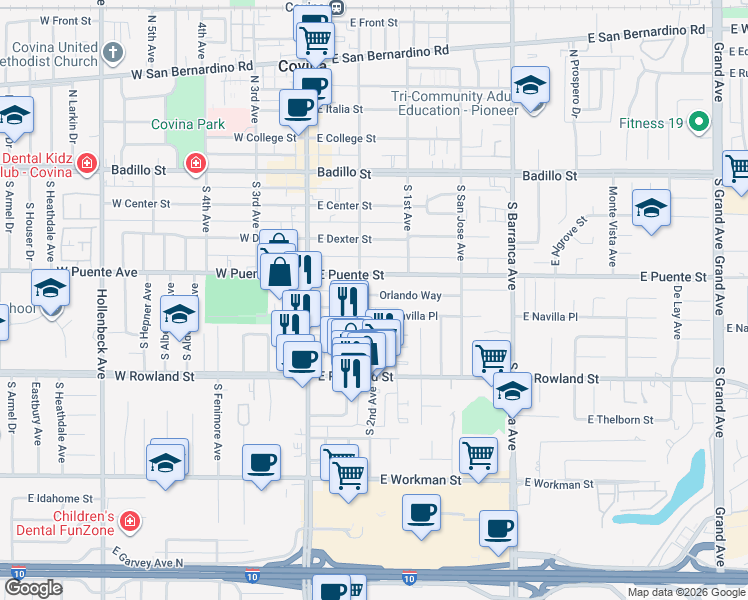 map of restaurants, bars, coffee shops, grocery stores, and more near 450 South 2nd Avenue in Covina