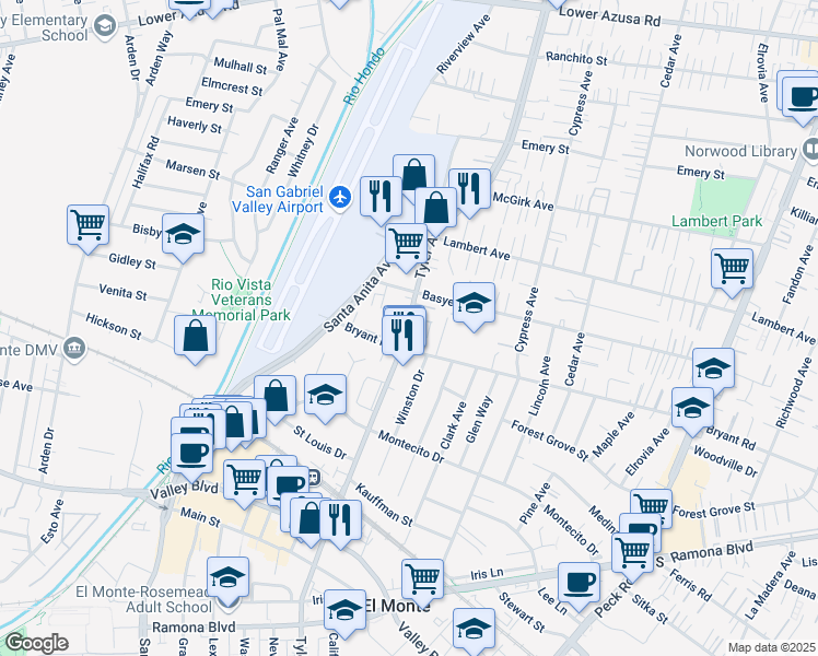 map of restaurants, bars, coffee shops, grocery stores, and more near 4117 Tyler Avenue in El Monte