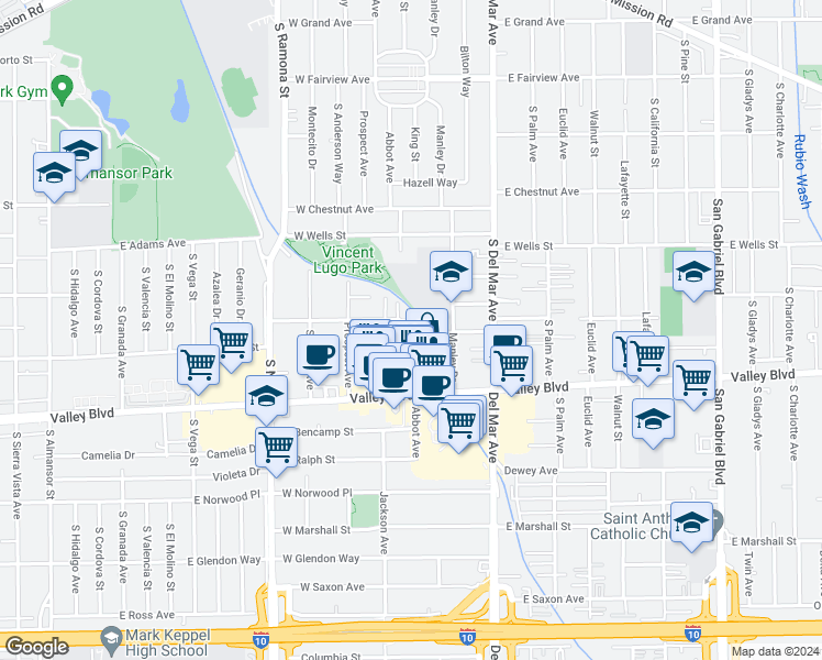 map of restaurants, bars, coffee shops, grocery stores, and more near 1516 Abbot Avenue in San Gabriel