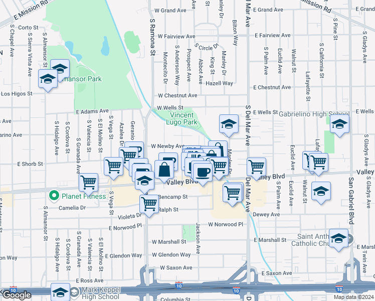 map of restaurants, bars, coffee shops, grocery stores, and more near 1515 Prospect Avenue in San Gabriel