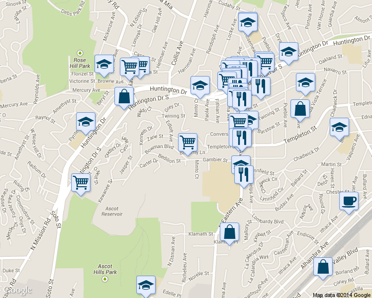 map of restaurants, bars, coffee shops, grocery stores, and more near 4623 Bowman Boulevard in Los Angeles