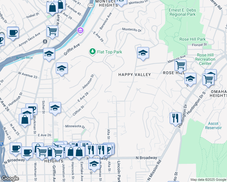 map of restaurants, bars, coffee shops, grocery stores, and more near 3101 Lincoln Park Avenue in Los Angeles