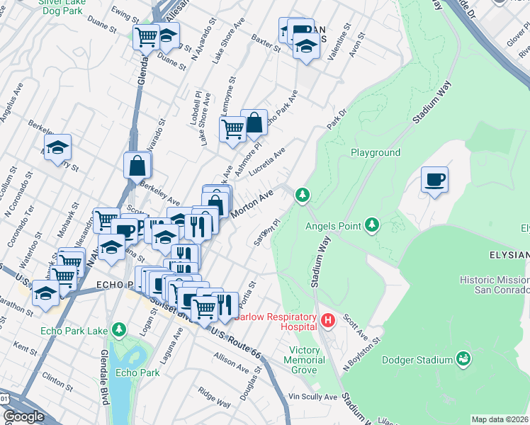 map of restaurants, bars, coffee shops, grocery stores, and more near 1654 Morton Avenue in Los Angeles