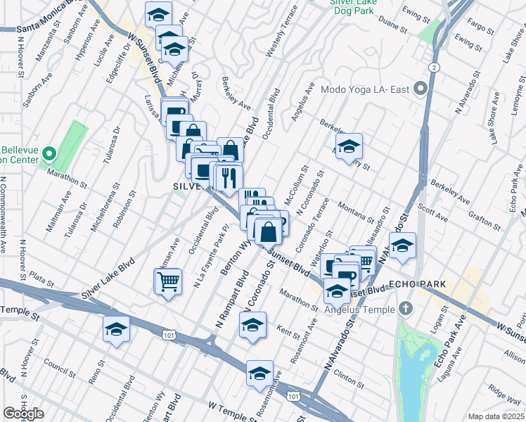 map of restaurants, bars, coffee shops, grocery stores, and more near 2719 Sunset Boulevard in Los Angeles