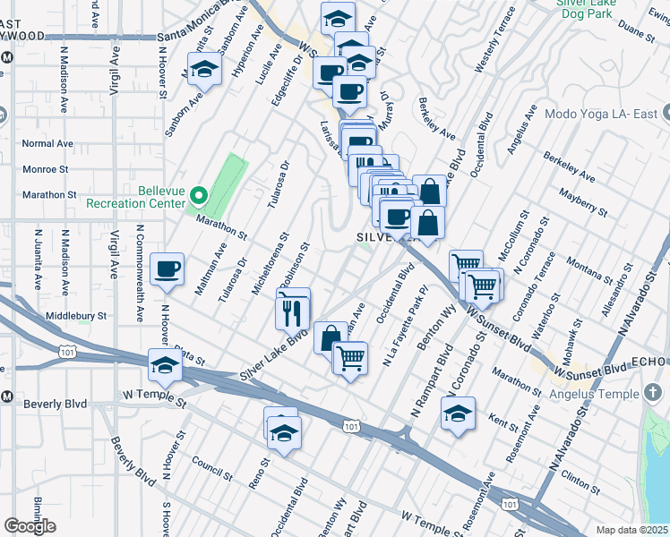 map of restaurants, bars, coffee shops, grocery stores, and more near 807 North Vendome Street in Los Angeles